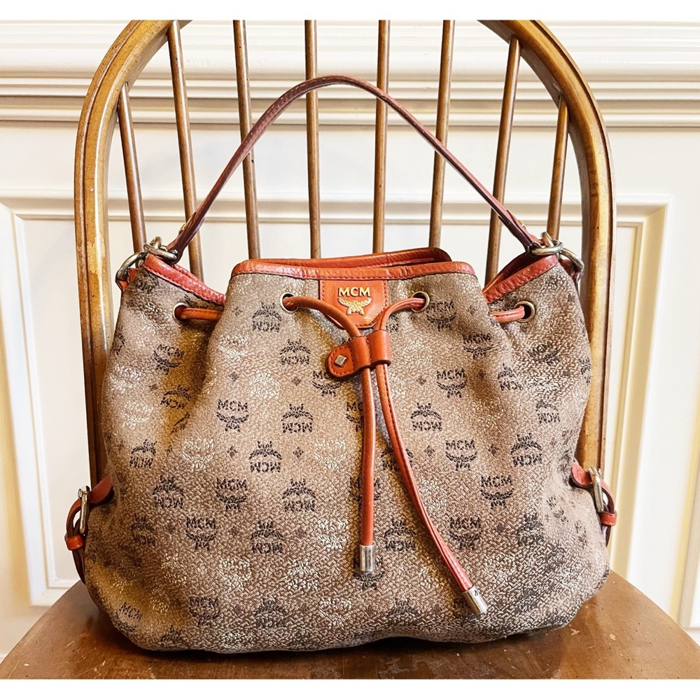 MCM Visetos Jacquard Bucket Bag Drawstring Crossbody Shoulder Brown Orange